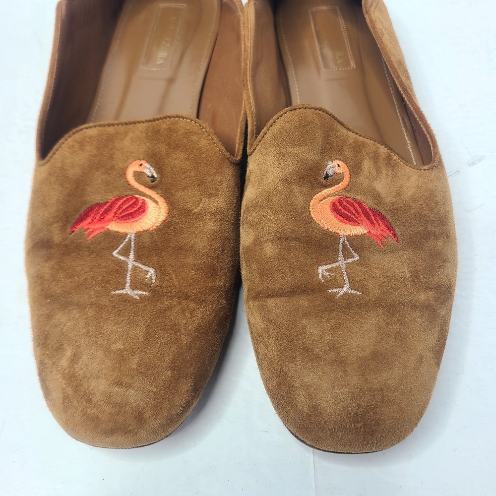Aquazzura Firenze Flamingo Embroidered Suede Loafers Flats Brown Size 39 - Picture 5 of 9